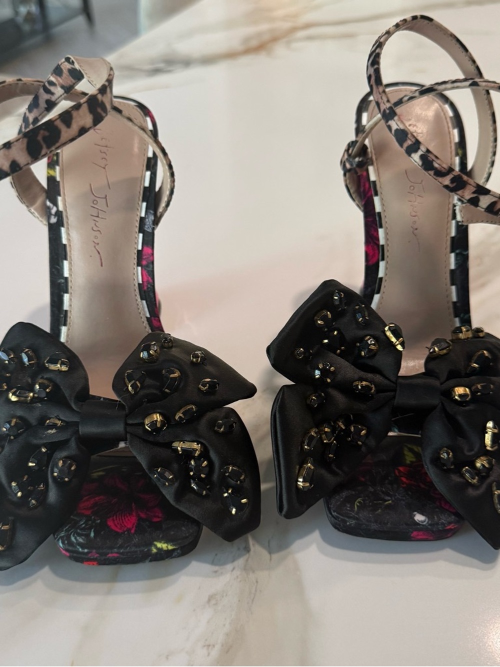 Betsey Johnson Black Beaded Bow Leopard-Ankle Sandals with Hot Pink Heel